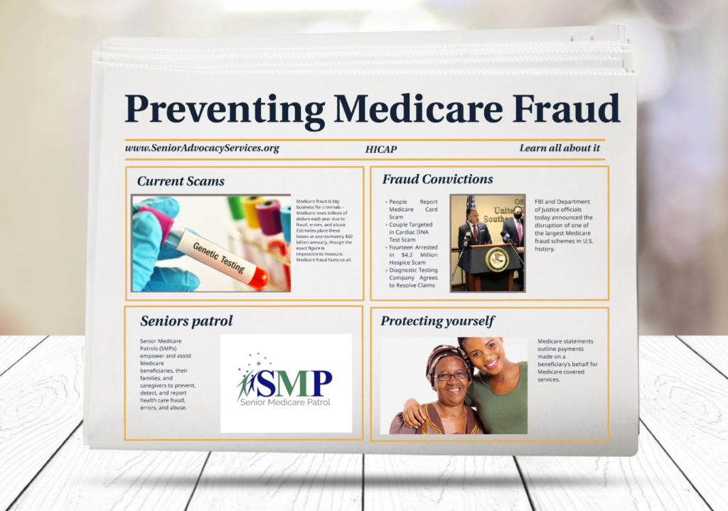 Preventing Medicare Fraud mock newspaper with articles pertaining to Current Scams, Fraud Convictions, Seniors Patrol and Protecting Yourself