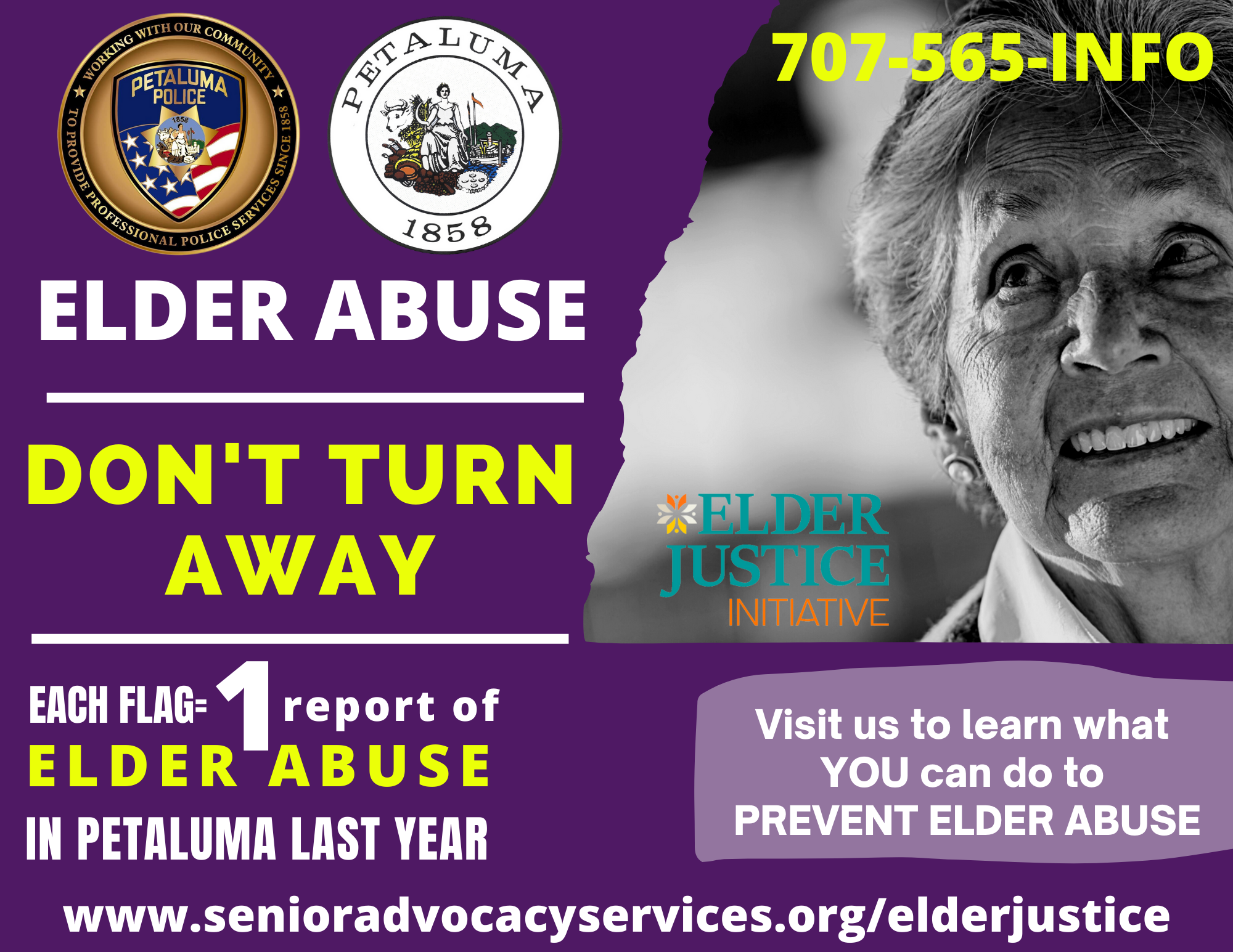 Petaluma Elder Abuse information leaflet graphic. 707-565-INFO