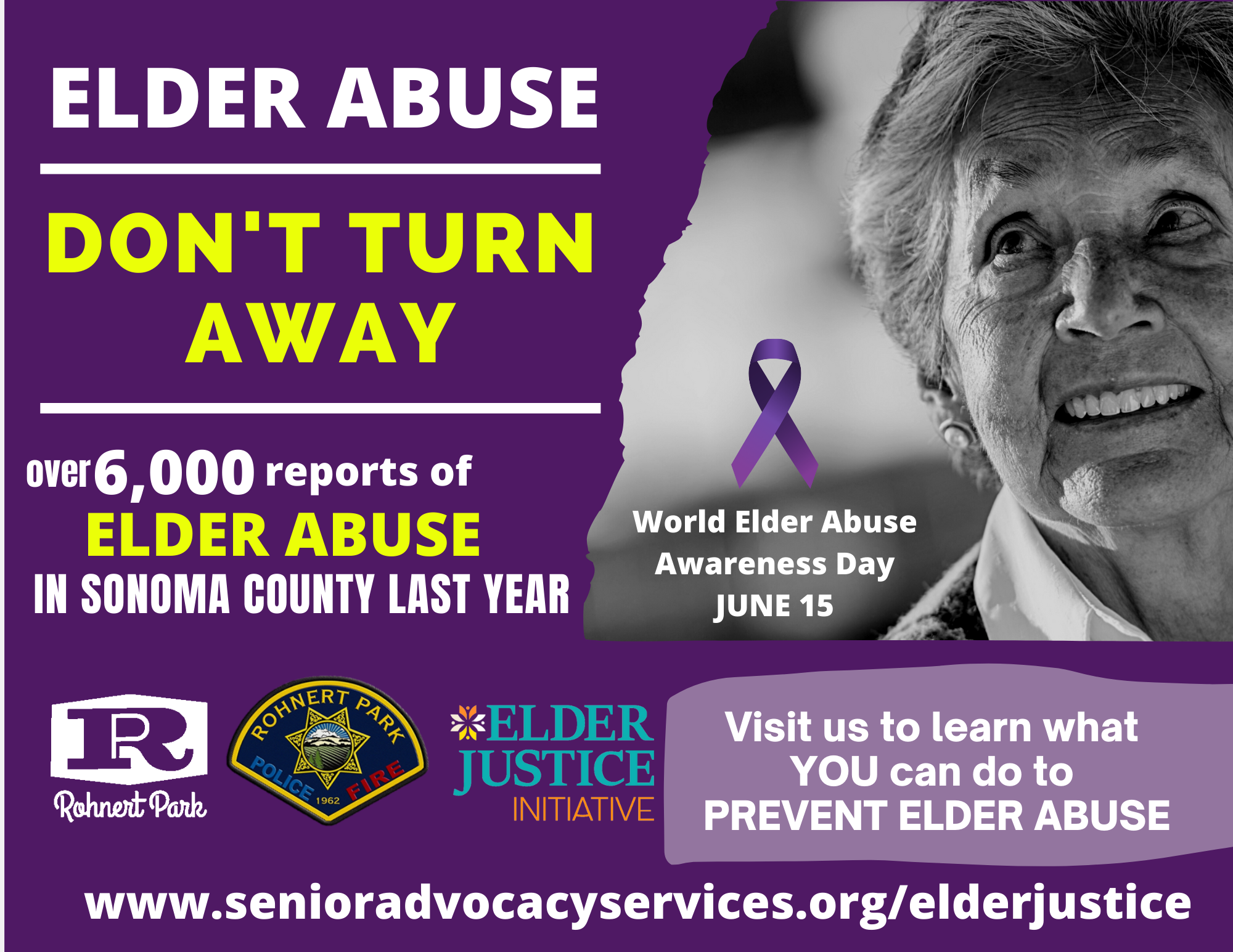 Rohnert Park Elder Abuse information leaflet graphic. 707-565-INFO