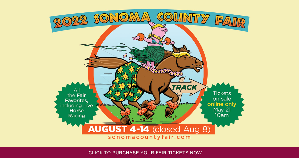 2022 Sonoma County Fair banner with a pig in a grass skirt riding a horse.