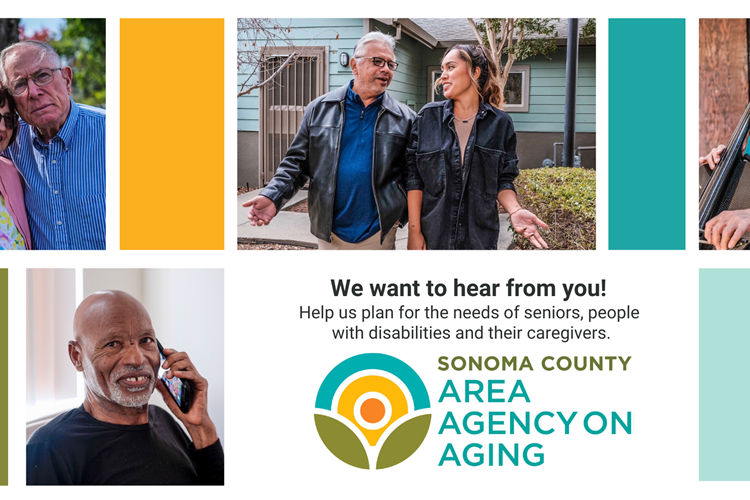 Area Agency on Aging survey promotion graphic with several photos of seniors doing day to day tasks.