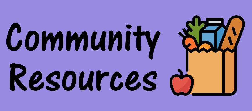 Community Resources graphic with an illustration of a brown bag filled with groceries.