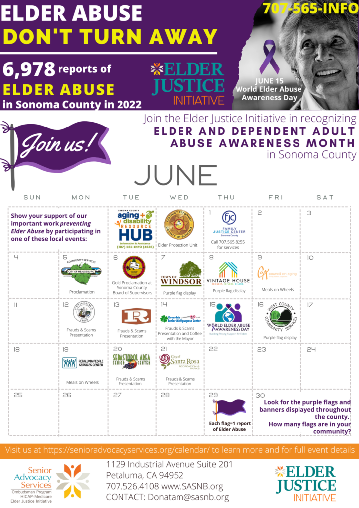 Elder & Dependent Abuse Awareness Month for June 2023 calendar image displaying events and logos.