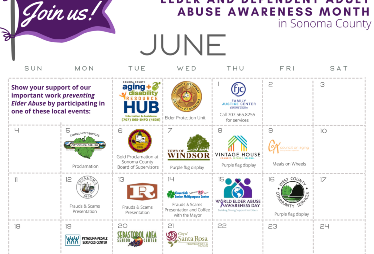 Elder & Dependent Abuse Awareness Month for June 2023 calendar image displaying events and logos.