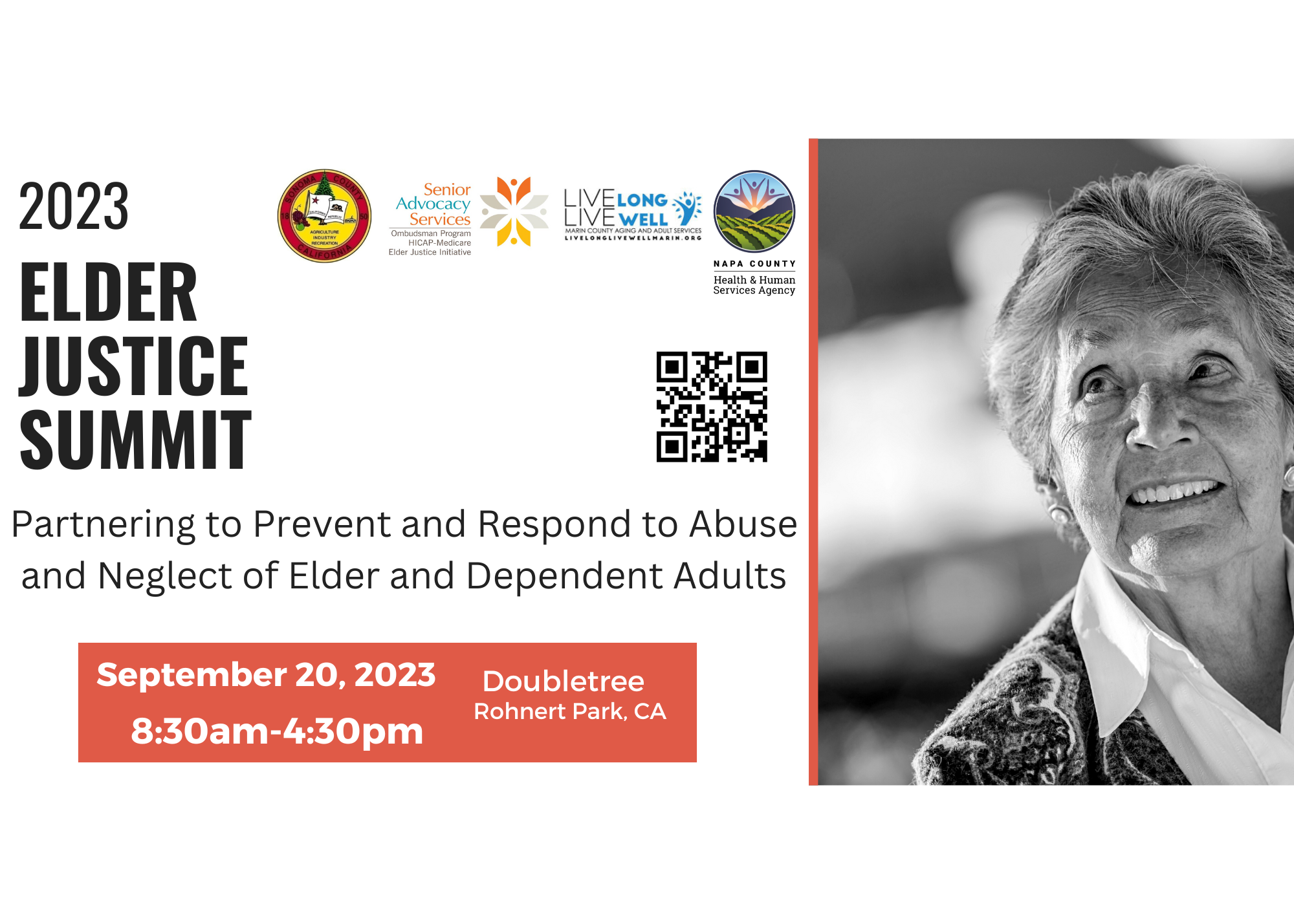2023 Elder Justice Summit Banner with logos, QR code and a mission statement that reads "Partnering to Prevent and Respond to Abuse and Neglect of Elder Dependent Adults".